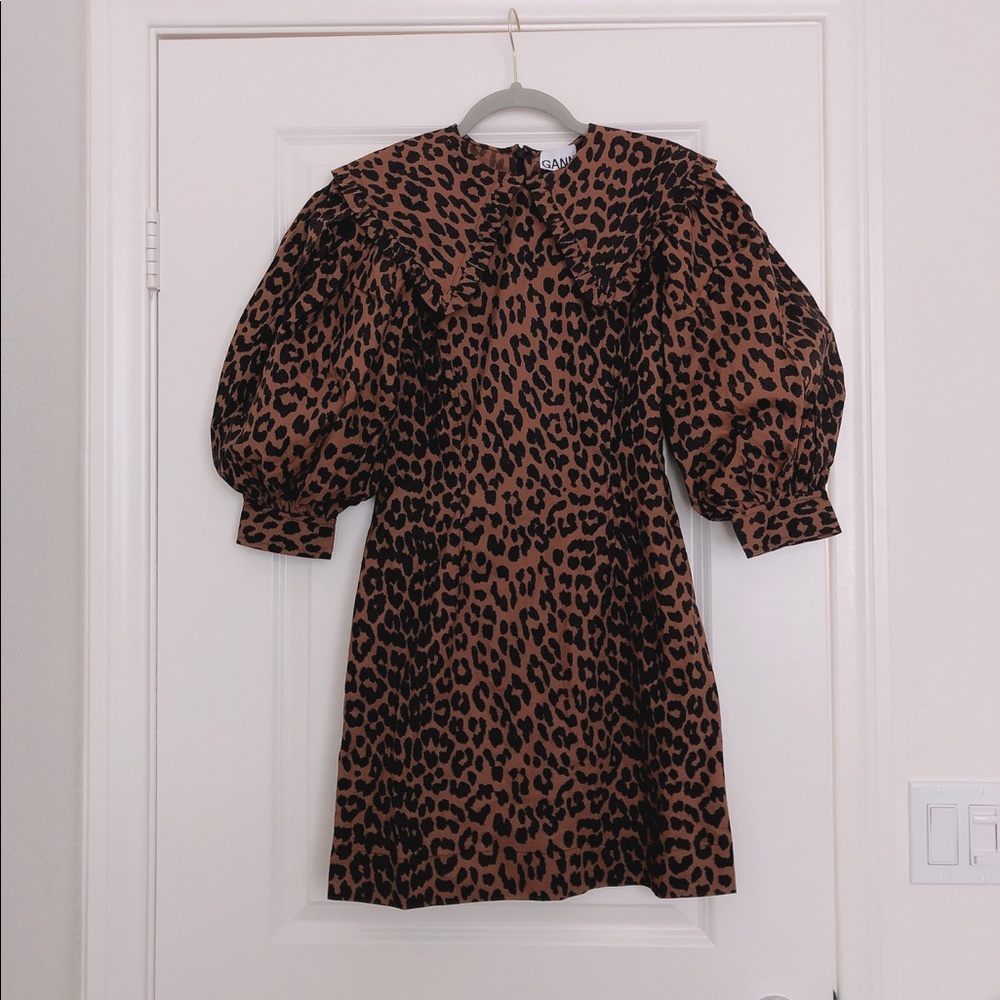 NWT GANNI Leopard Print Poplin Minidress
